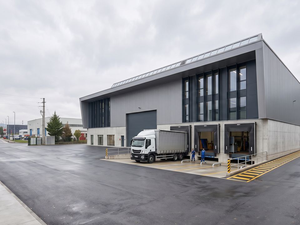 Exterior de la nave de una empresa industrial en un polígono, preparada para su venta